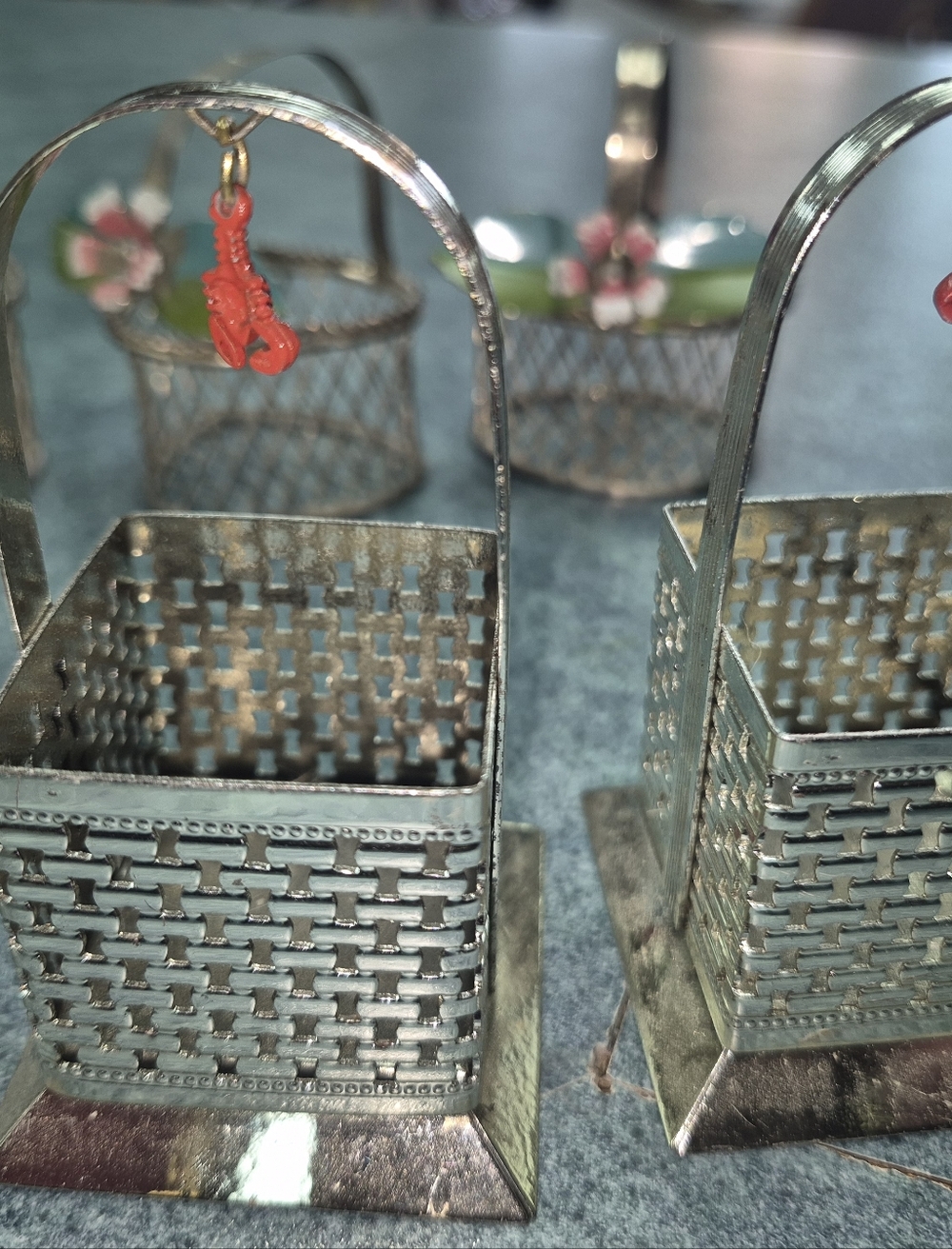 Miniature Silver Woven Metal Basket with Red Charm